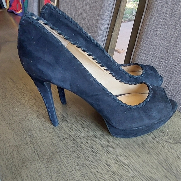 Antonio Melani Luna Black Suede Leather Peep Toe Stiletto Platform Heels Sz 9.5M - Picture 6 of 12